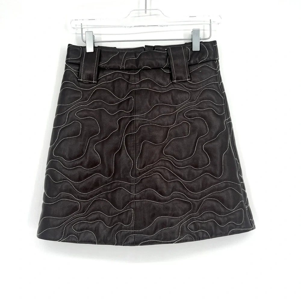 Ganni Mini Skirt Womens 4 / EU36‎ Lamb Leather Brown Neutral Quilted Embroidered
